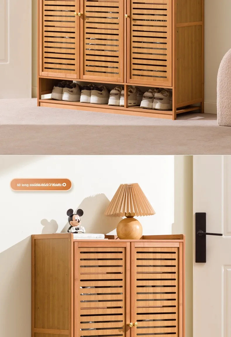 Armário de Sapatos de Bambu com Porta de Persiana, Armário de Armazenamento Multicamadas para Sala de Estar, Armário de Jantar, Armário de Utensílios de Cozinha