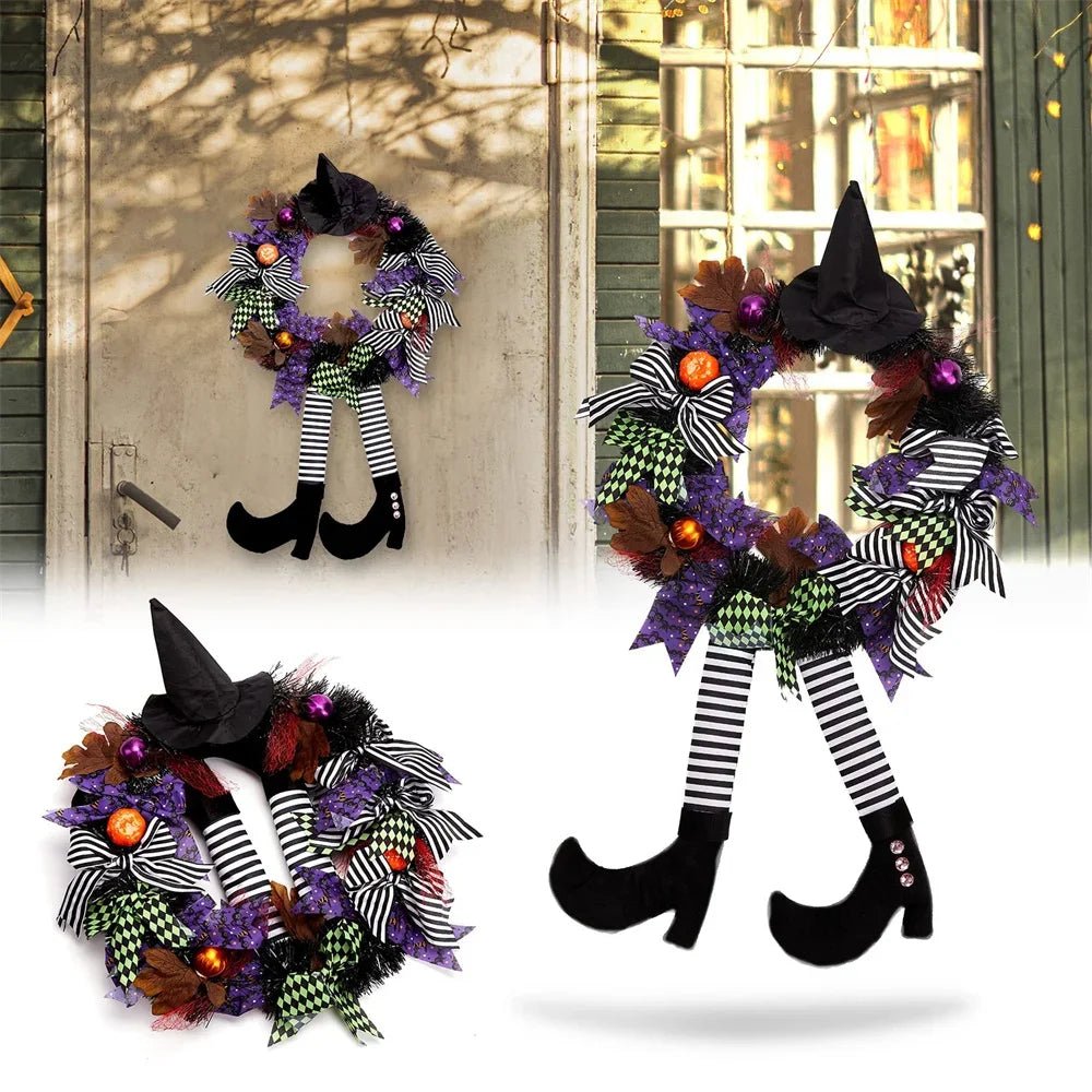Decorações de grinalda de Halloween para porta, Vintage Witch Leg, Abóbora Maple Leaf, Guirlanda para decoração do partido, ao ar livre