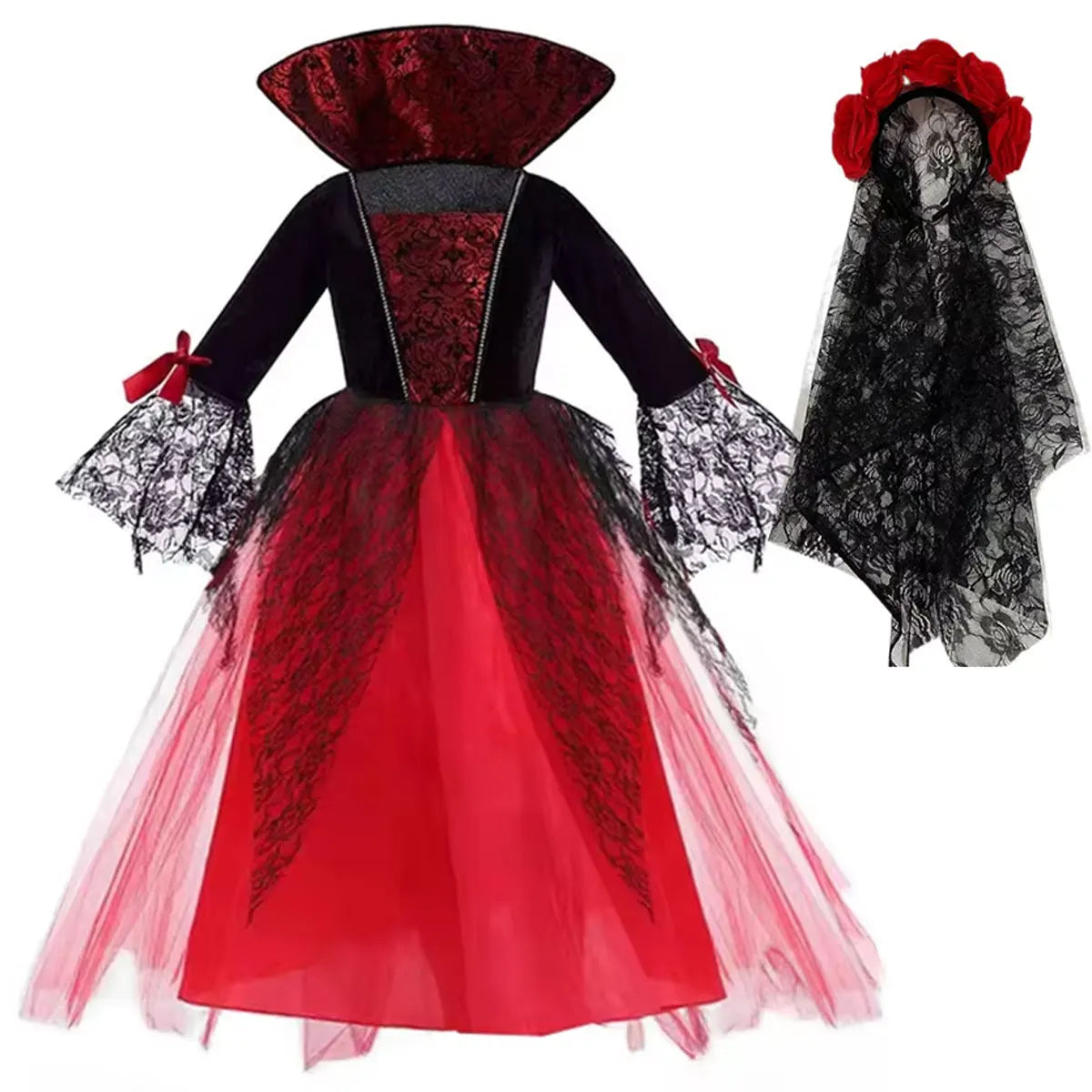 Fantasia de Vampiro para Meninas 2026: Vestido Gótico Escarlate de Noiva Fantasma para Crianças – Perfeito para Halloween, Aniversários e Carnaval