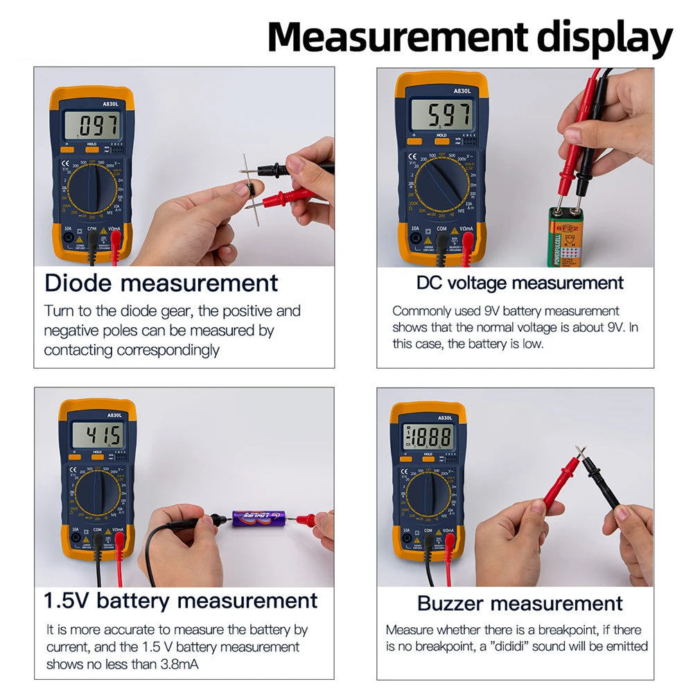A830l lcd multímetro digital ac dc tensão diodo frequência multitester testador de corrente display luminoso com função campainha