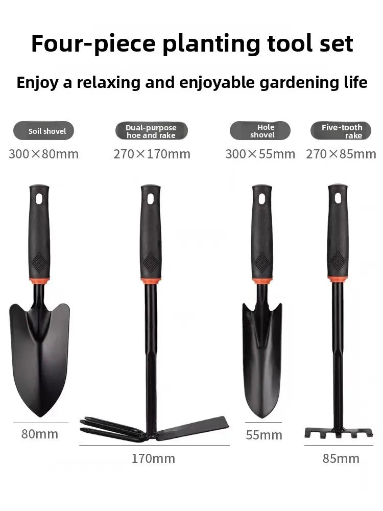 Conjunto de Ferramentas de Jardinagem Mini com 4 Peças, Incluindo Pá, Rastelo e Enxada para Plantio de Flores e Vegetais, Equipamento de Jardinagem Manual para Casa e Jardim