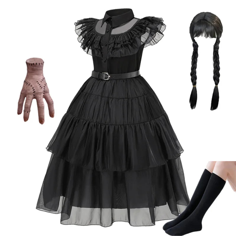 Fantasia Infantil Feminina Gótica Preta para Halloween, Carnaval e Cosplay de Personagem de Filme