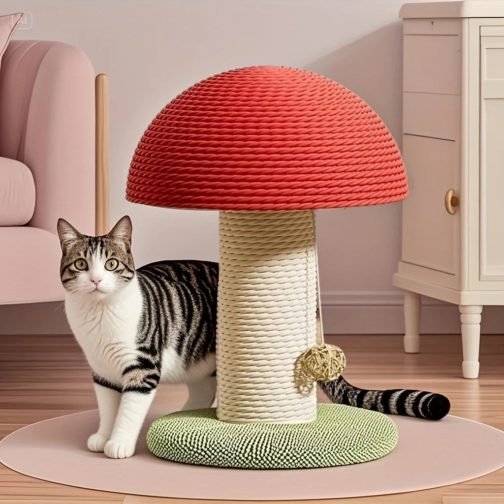 Tirador de gato em forma de cogumelo vermelho com almofada de sisal, mini vila para animais de estimação e base pom-pom verde