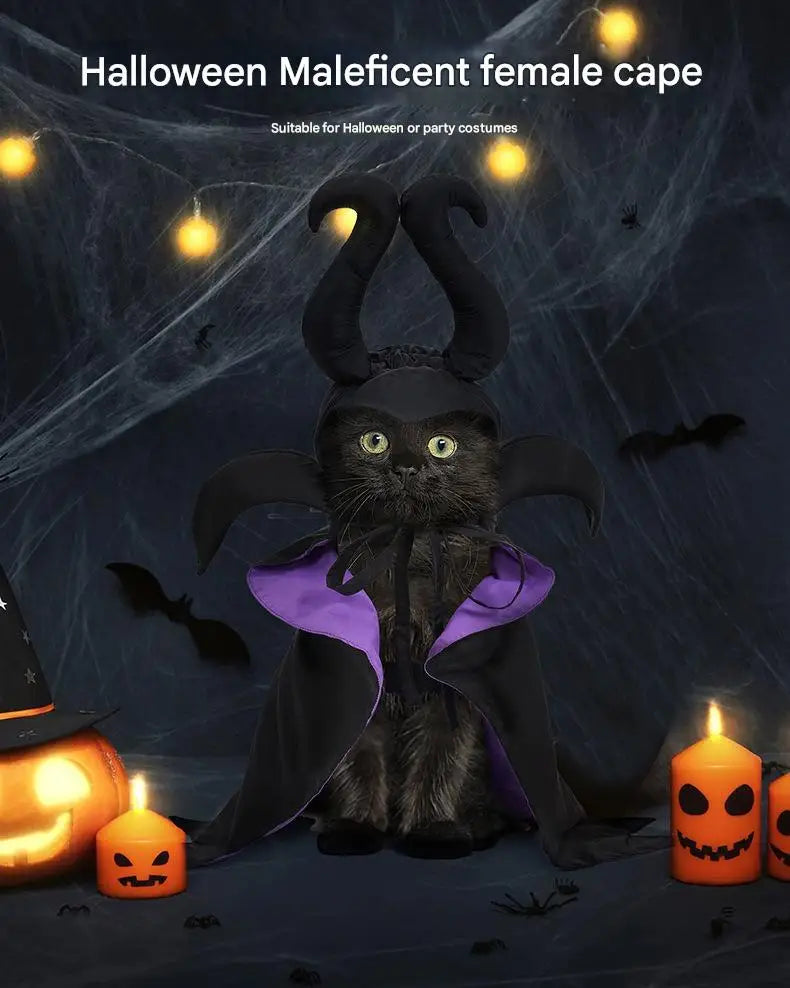 Fantasia de Halloween para Cães e Gatos, Capa com Capuz, Capa de Veludo da Maléfica, Ajustável, Vestuário para Festa de Cosplay, Brinquedo Engraçado de Bruxa para Animais de Estimação