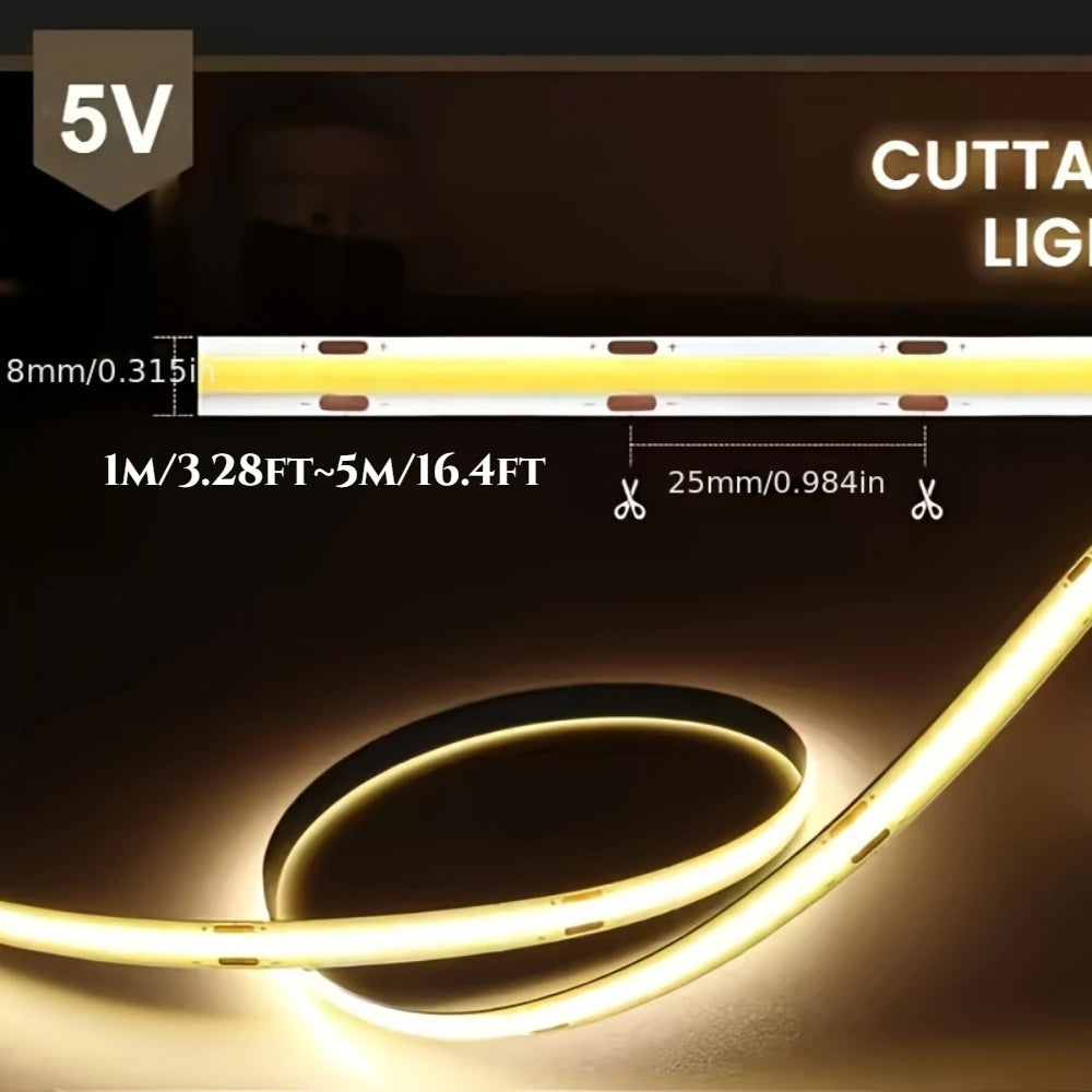 Fita de Luzes LED COB com Sensor de Movimento USB 5V Regulável 320LED/m Flexível para Armário Cozinha Guarda-Roupa Iluminação de Fundo para TV