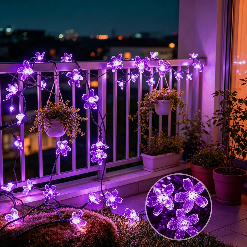 Luzes de Cordão LED Solares em Forma de Flor de Cerejeira para Decoração de Jardim e Pátio ao Ar Livre, Decoração de Natal e Casamento