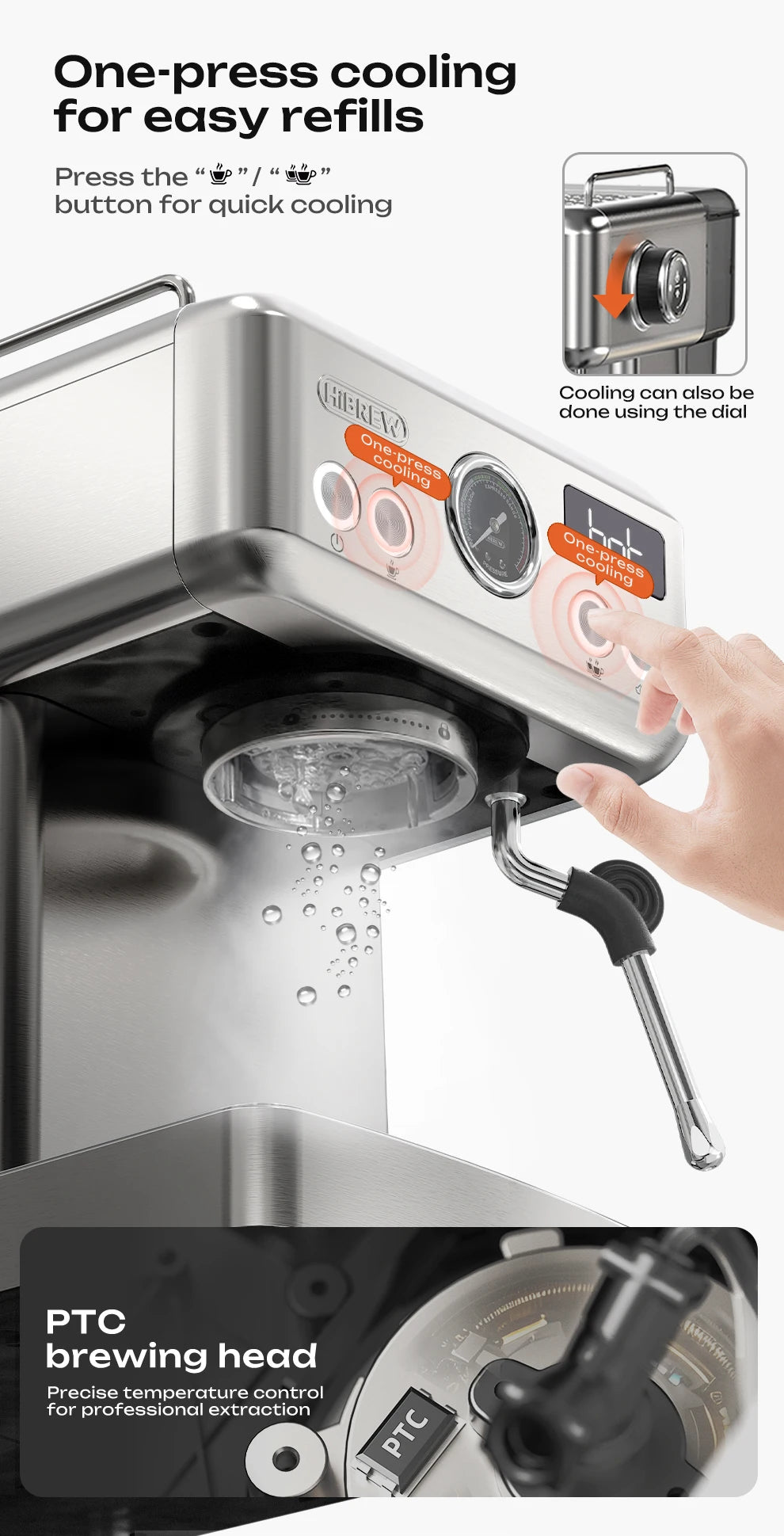 Hibrew 20bar semiautomática máquina de café expresso temperatura ajustável 58mm portátil frio/quente cafeteira metal caseh10a