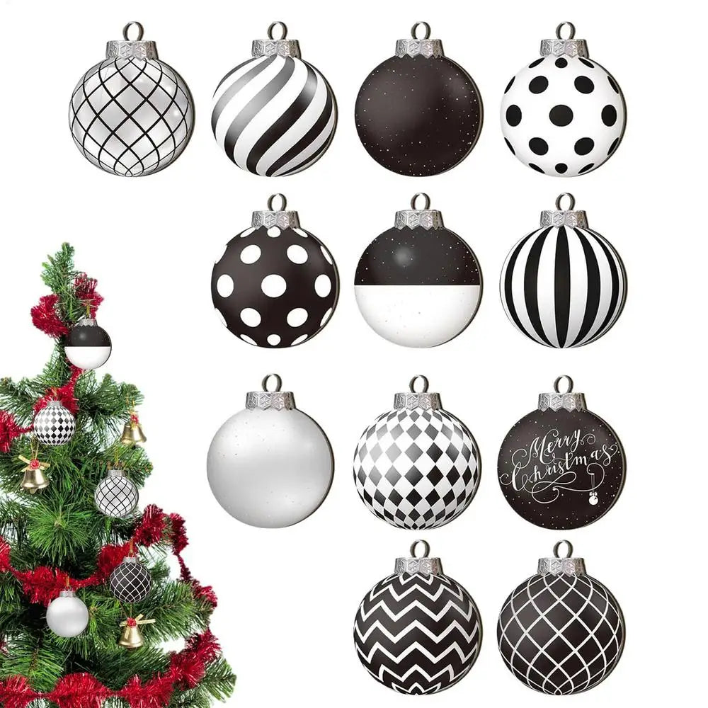 12pçs bolas de natal pretas e brancas, bola suspensa pintada à mão, pingentes de árvore de natal, decoração de casa, presentes de ano novo 2025