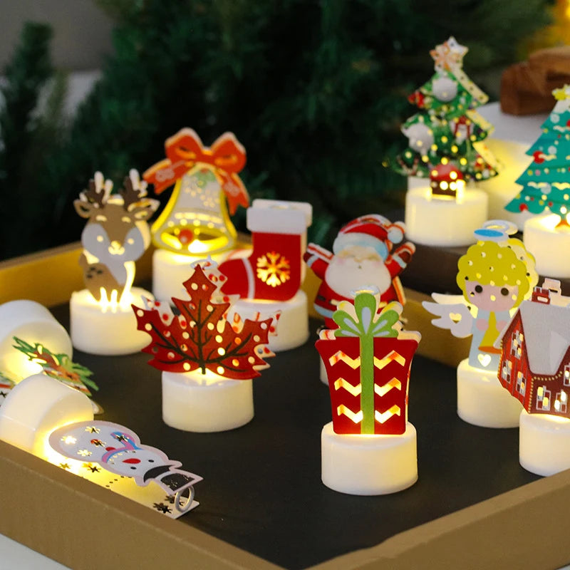 LED Christmas Candle Lamp Decorações, pequena Santa, boneco de neve, árvore de Natal, Holiday Night Lights, Home Party, Jardim