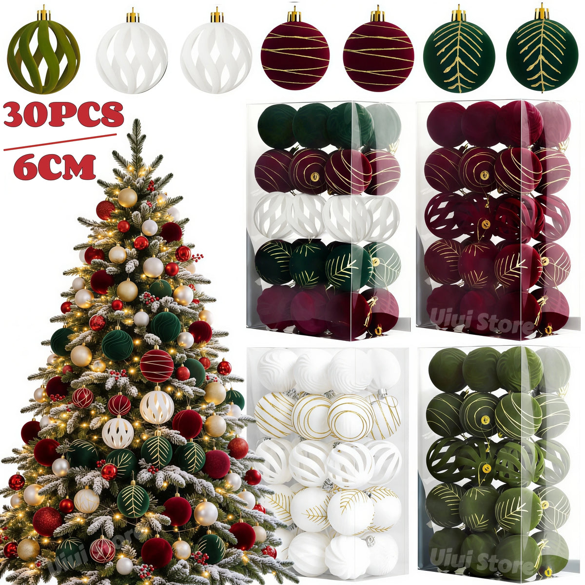 30 Bolas de Natal de Veludo, Enfeites de 6CM, Bolas de Natal Flocadas, Pingentes para Pendurar na Árvore de Natal, Decoração Festiva para Casa