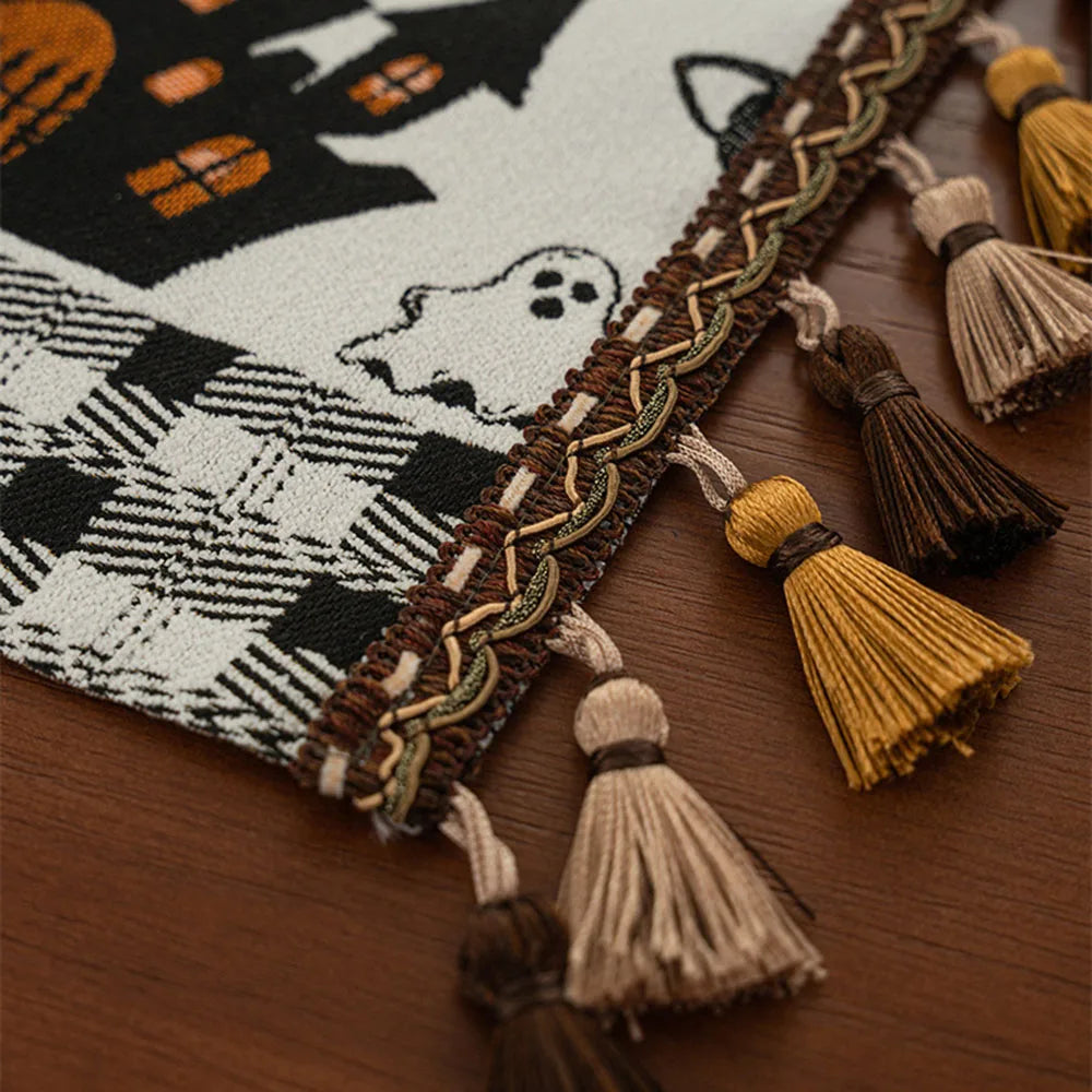 Decoração de Halloween: Caminho de Mesa de Ação de Graças com Abóboras, Toalha de Mesa Jacquard Tingida em Fio com Borda de Borlas, Capa de Mesa, Decoração para Casa