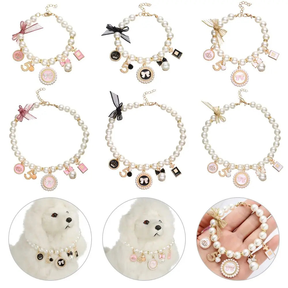 Produtos para animais de estimação, joias para gatos, coleira fofa, cachorro, gato, princesa, arco, colar de pérola para animais de estimação, ajustável