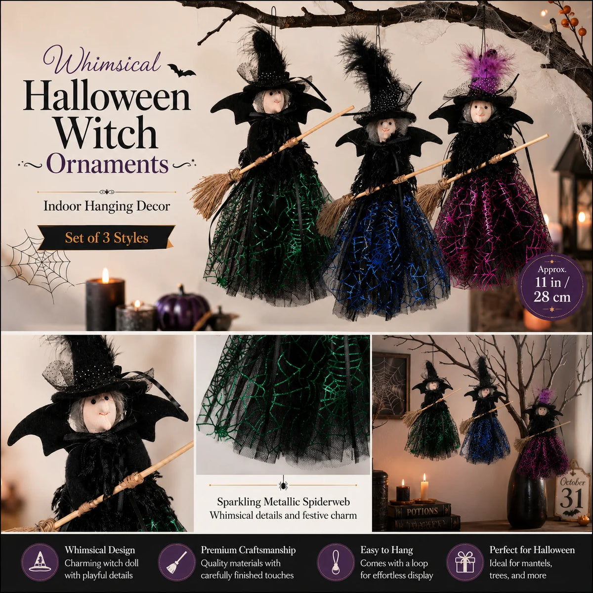 Enfeites de Bruxa de Halloween para Pendurar com Vassoura, Perfeitos para Festa de Halloween e Decoração de Casa Assombrada, Decoração Festiva para o Lar