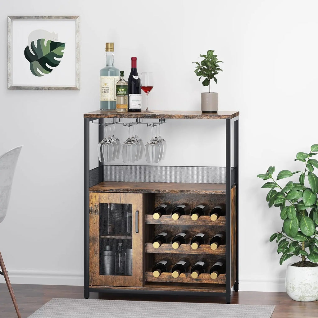 Armário de bar de vinho de 3 camadas com rack de vinho removível e armário de buffet com suporte de vidro e porta de malha para casa