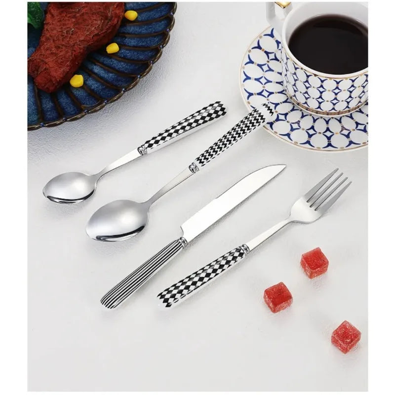 Conjunto de Talheres Retrô Coreano de Aço Inoxidável com Pontos, 4 Peças, Garfo de Bife e Colher de Manteiga, Conjunto de Talheres Domésticos para Jantar