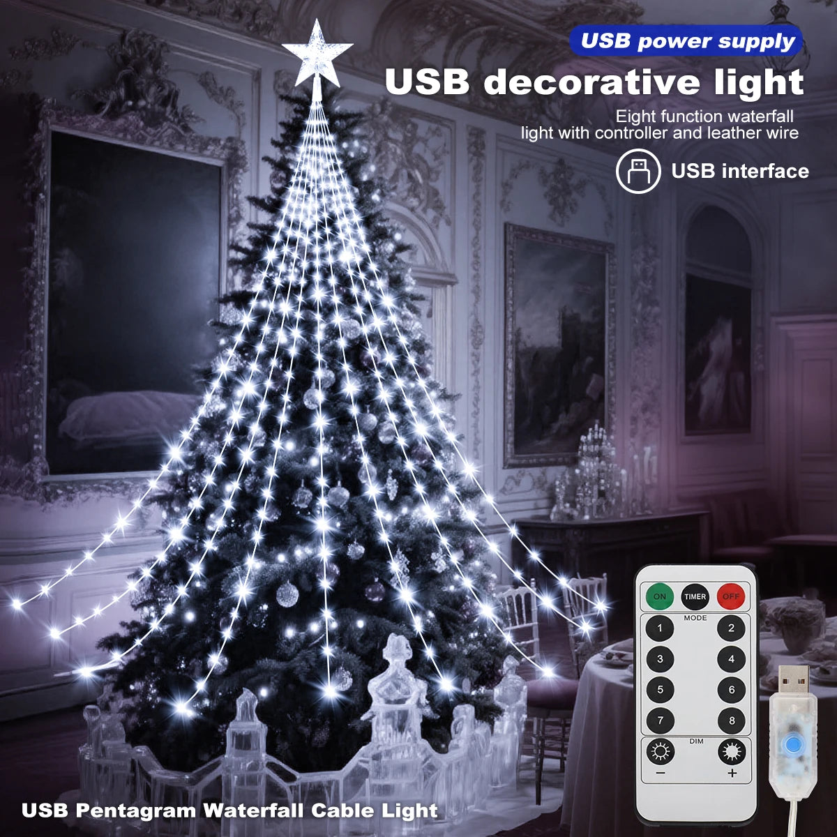 Luzes de Natal 203LED/282LED com 8 Modos, Luzes de Fada à Prova d'Água USB para Decorações de Interiores, Exteriores, Jardins, Casamentos e Festas