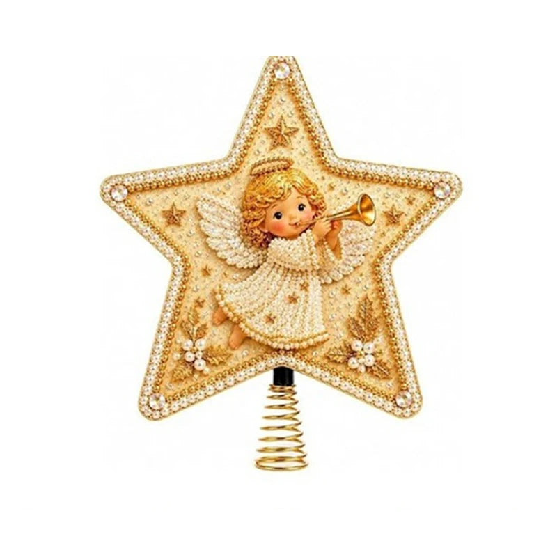 Enfeite de Árvore de Natal com Pintura de Diamantes, Topo de Árvore em Forma de Estrela, Papai Noel DIY, Pintura com Pérolas e Gemas, Base Espiral, Decoração para o Topo da Árvore de Natal