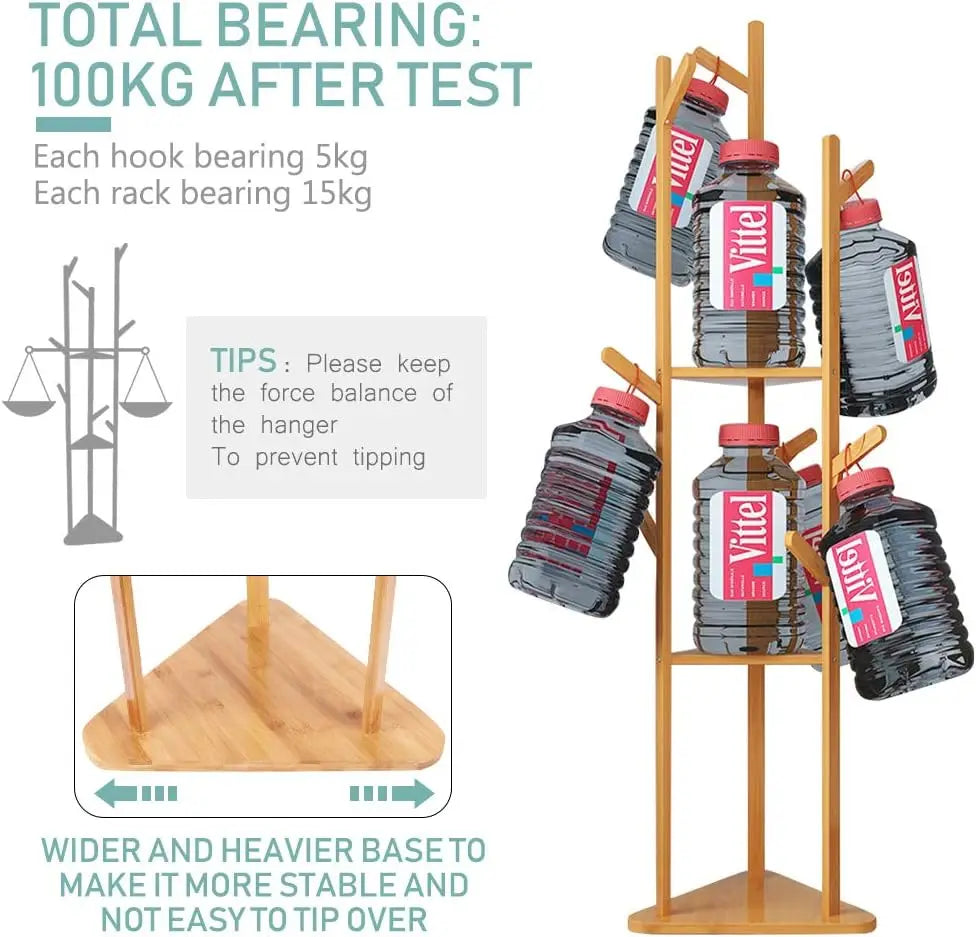 Cabideiro de Bambu: Cabideiro Robusto com 9 Ganchos e Base Estável, Cabideiro para Entrada, Capacidade Máxima de Carga 15kg, Ideal para Casa, Quarto, Sala de Estar, 160X36X36Cm