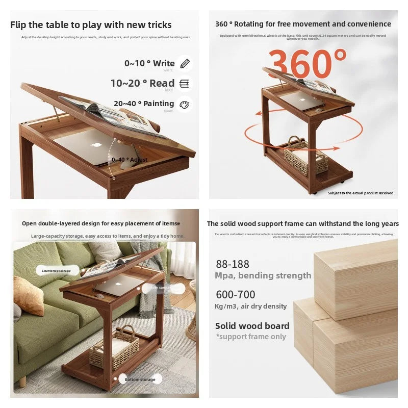 Mesa de centro móvel de madeira maciça, prateleira de armazenamento para sala de estar, mesa lateral dobrável para sofá de sala de estar, mesa de cabeceira de madeira maciça para quarto