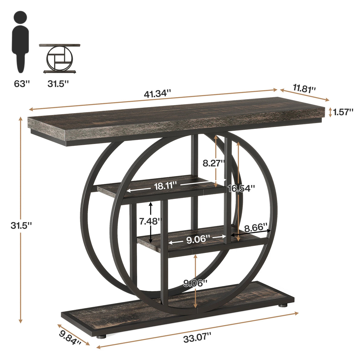 Industrial Entryway Console Mesa para Sala de Estar, Foyer Corredor Mesa para Entrada, 4-Tier Mesa, 41,3"