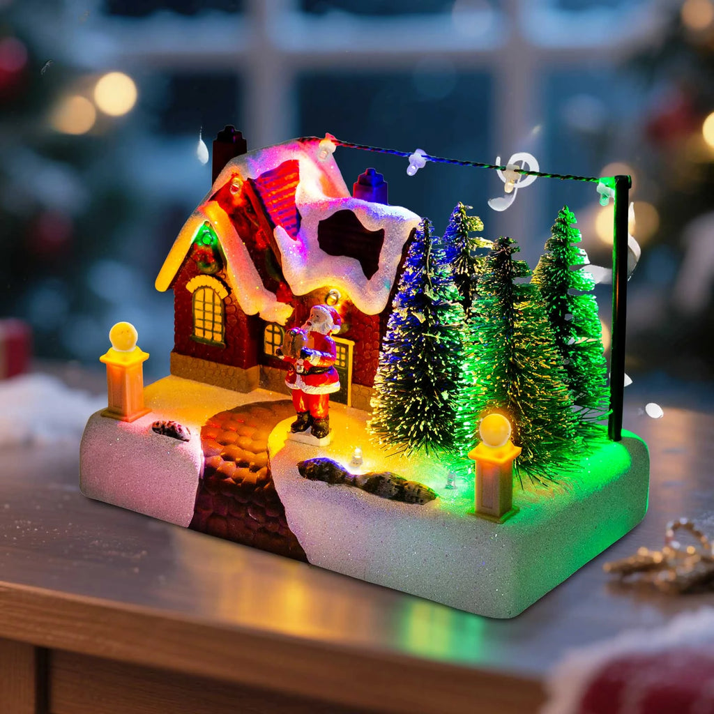 Cena de vila de natal, edifício colecionável com luzes, árvores, papai noel, cidade de neve, decoração de paisagem, férias, casa, mesa, lareira