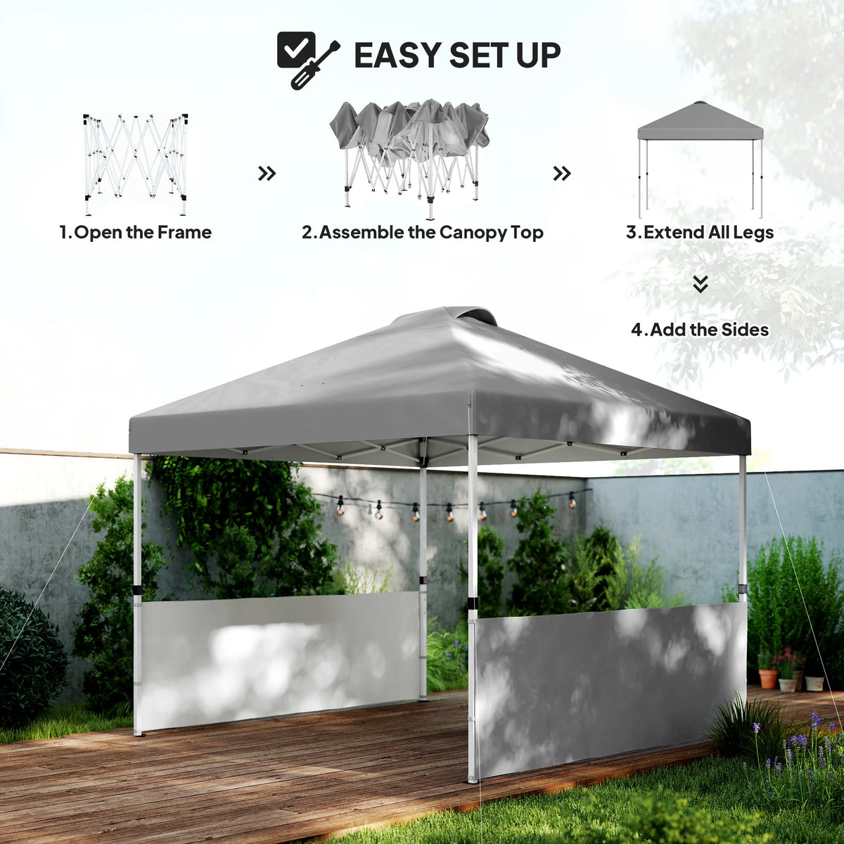 Tenda Pop-up 10' X 10' com 2 Meias Paredes Laterais, Cinza Escuro