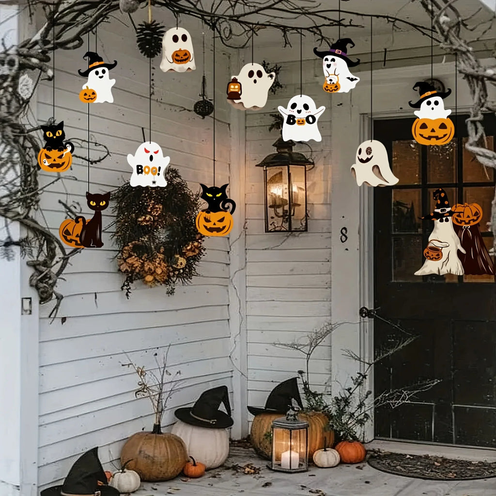 Enfeites de Halloween para Pendurar: Fantasma, Gato Preto, Abóbora e Chapéu de Bruxa – Decoração Assustadora para Festas de Halloween, Varandas e Tetos