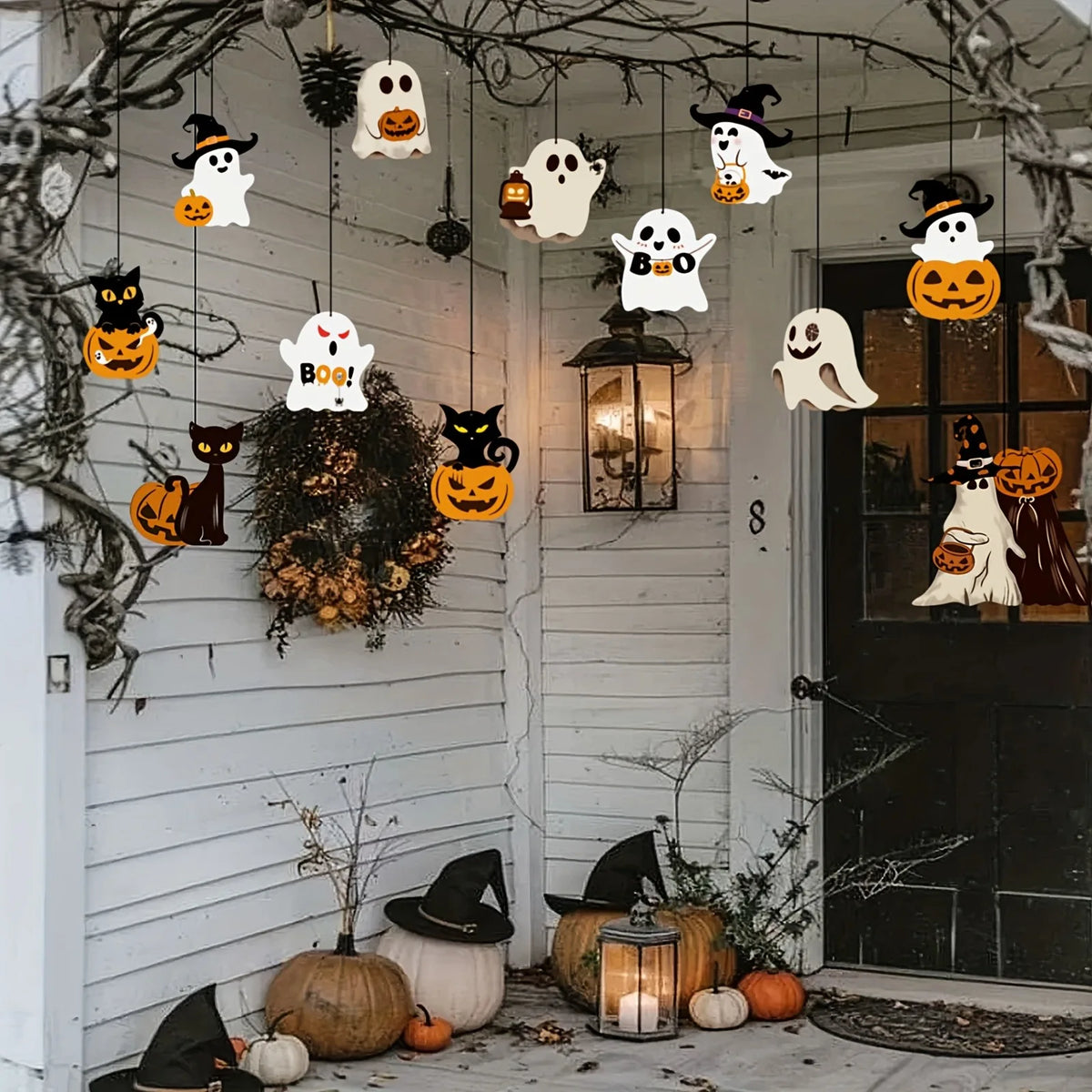 Enfeites de Halloween para Pendurar: Fantasma, Gato Preto, Abóbora e Chapéu de Bruxa – Decoração Assustadora para Festas de Halloween, Varandas e Tetos