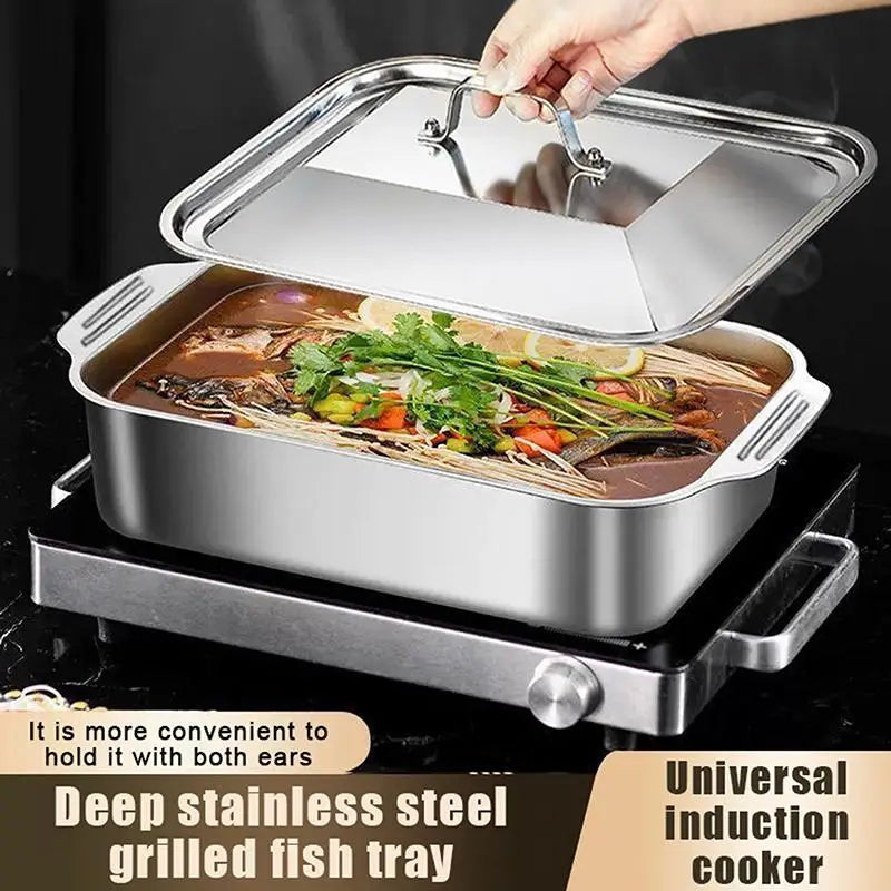 Assadeira Profunda de Aço Inoxidável, Bandeja de Cozimento com Tampa, Panela Resistente ao Calor para Forno, Ideal para Grelhar e Cozinhar Diariamente