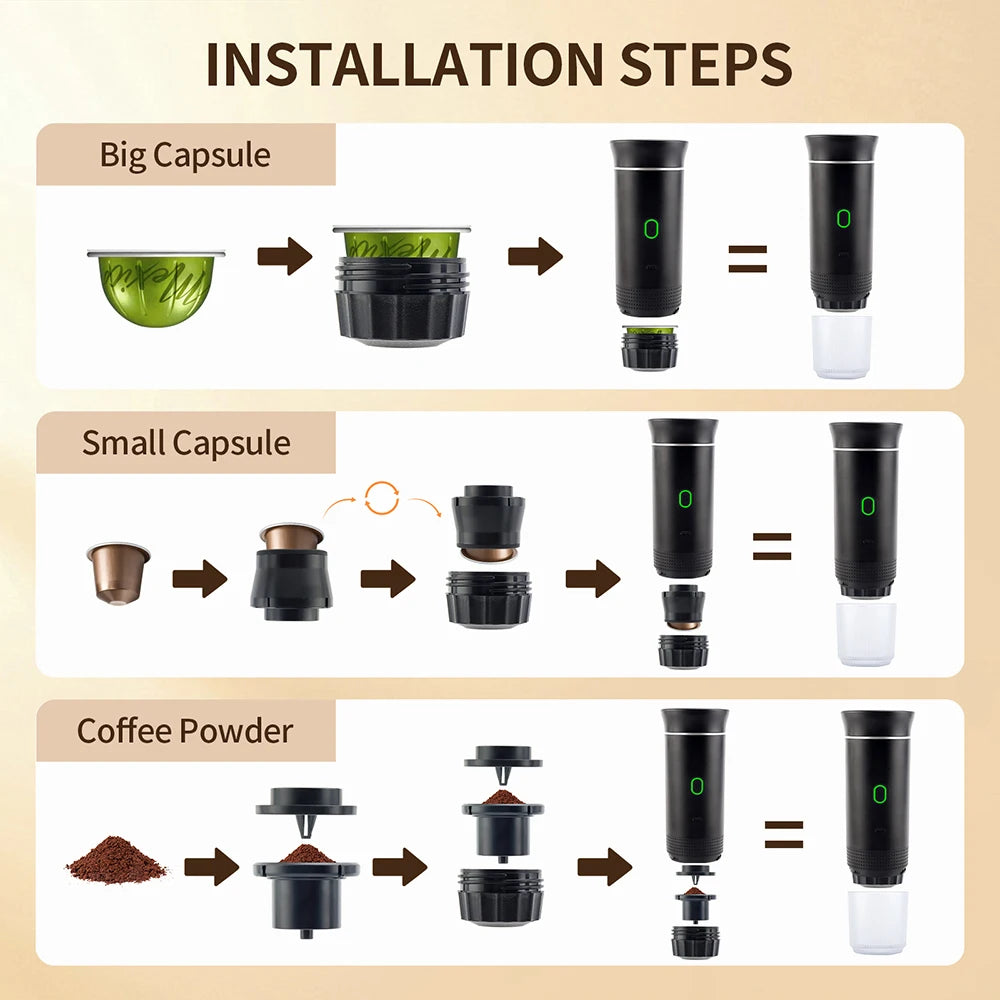 Máquina de café portátil 3 em 1, cafeteira expresso para carro, casa, acampamento, viagem, cápsula em pó, cafeteira automática