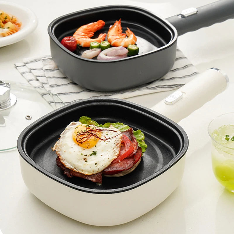 Panela Elétrica DMWD para Fritar, Mini Panela Doméstica Antiaderente para Bifes e Panquecas, Frigideira Elétrica Multifuncional 2 Potências 600W