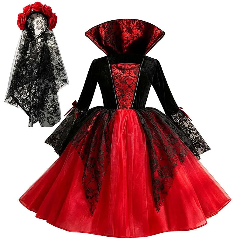 Fantasia de Halloween para Meninas: Cosplay Gótico de Noiva Fantasma, Bruxa, Vampira, Vestido Tutu Vermelho e Preto, Peruca, Véu, Kits para Festas de Halloween