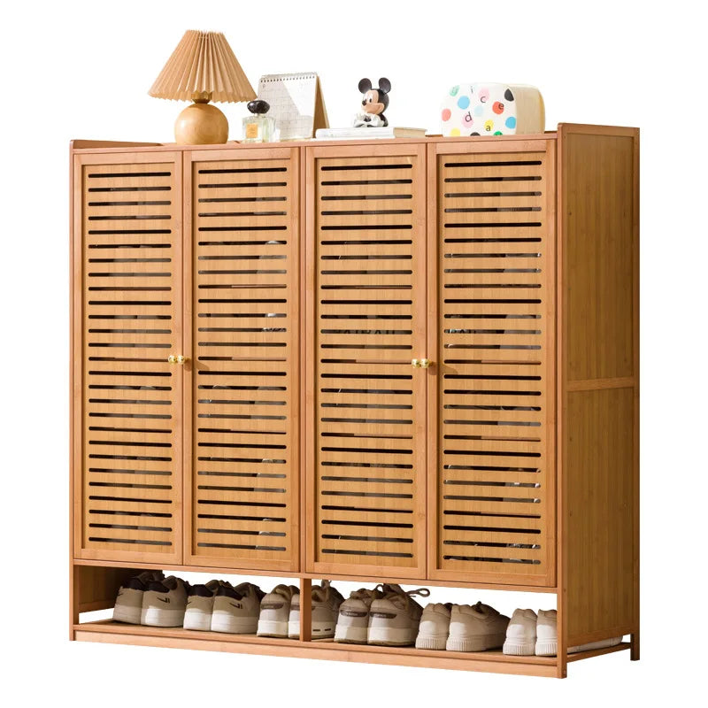 Armário de Sapatos de Bambu com Porta de Persiana, Armário de Armazenamento Multicamadas para Sala de Estar, Armário de Jantar, Armário de Utensílios de Cozinha