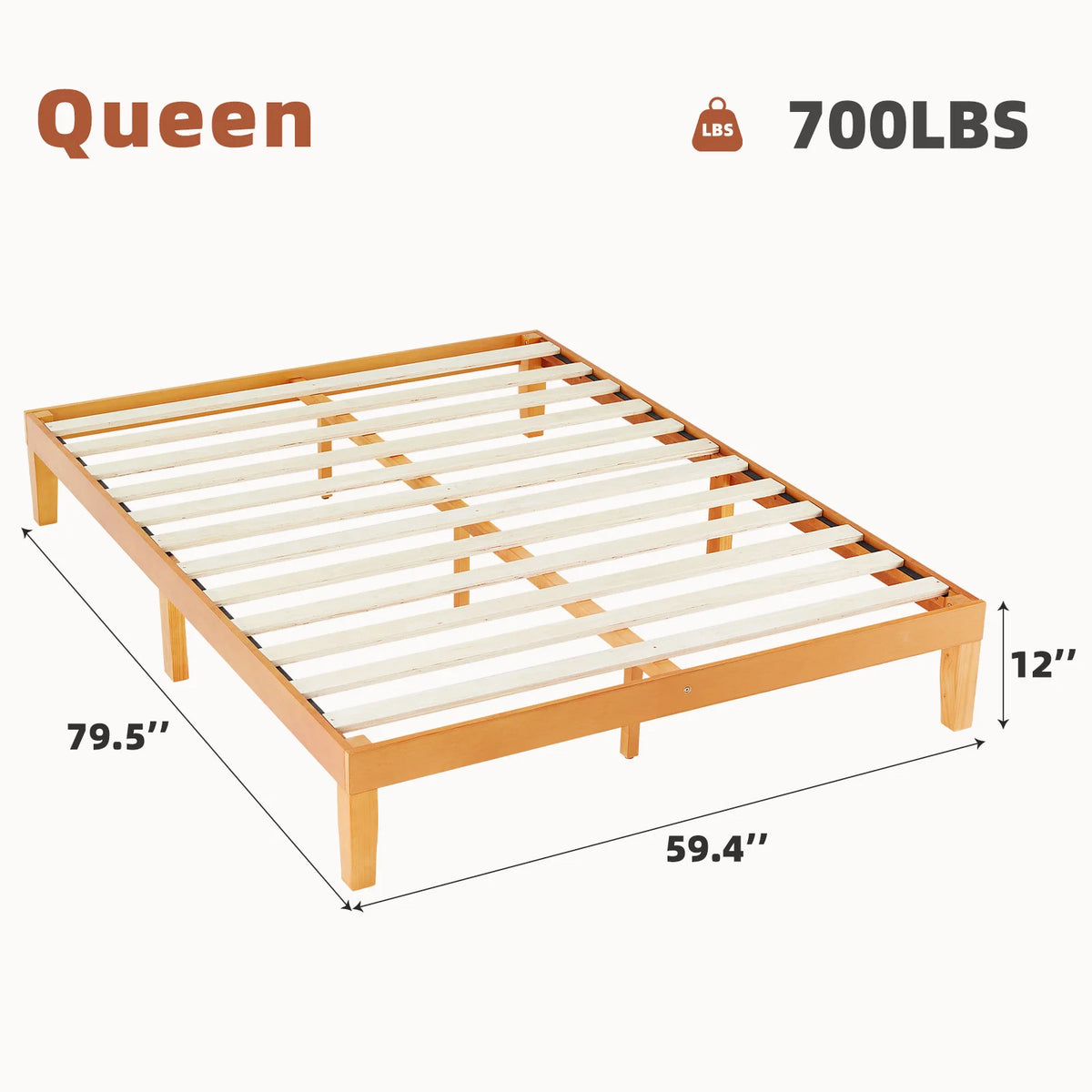 JHK Estrutura de cama de madeira maciça de todos os tamanhos com suporte de ripas de madeira resistente, sem necessidade de molas, fácil montagem, ecológica para sala de estar