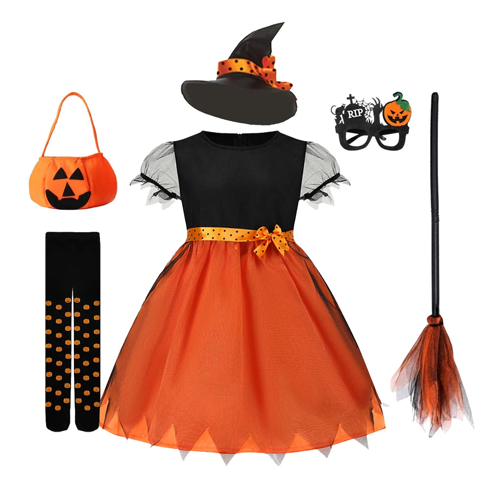 Fantasia de Halloween para Meninas 2026: Vestido de Abóbora e Bruxa com Chapéu para Carnaval e Festas - Roupa Infantil