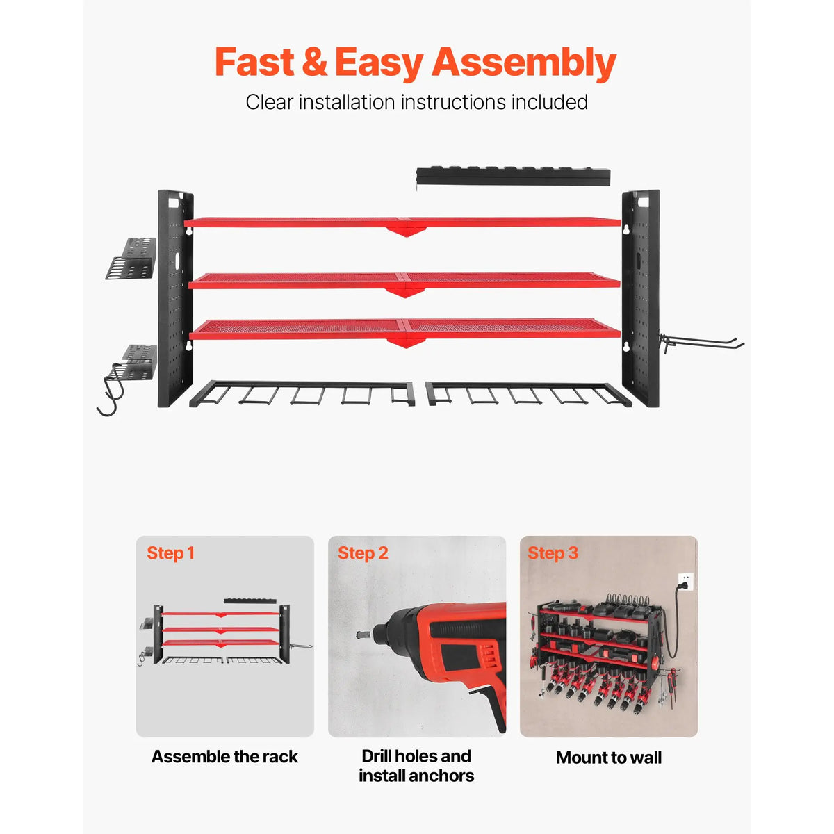 Power Tool Organizer Wall-Mounted Charging Station 4 Drill Holders 3 Layer Drill Storage Rack Garage Tool Storage Side Pegboard