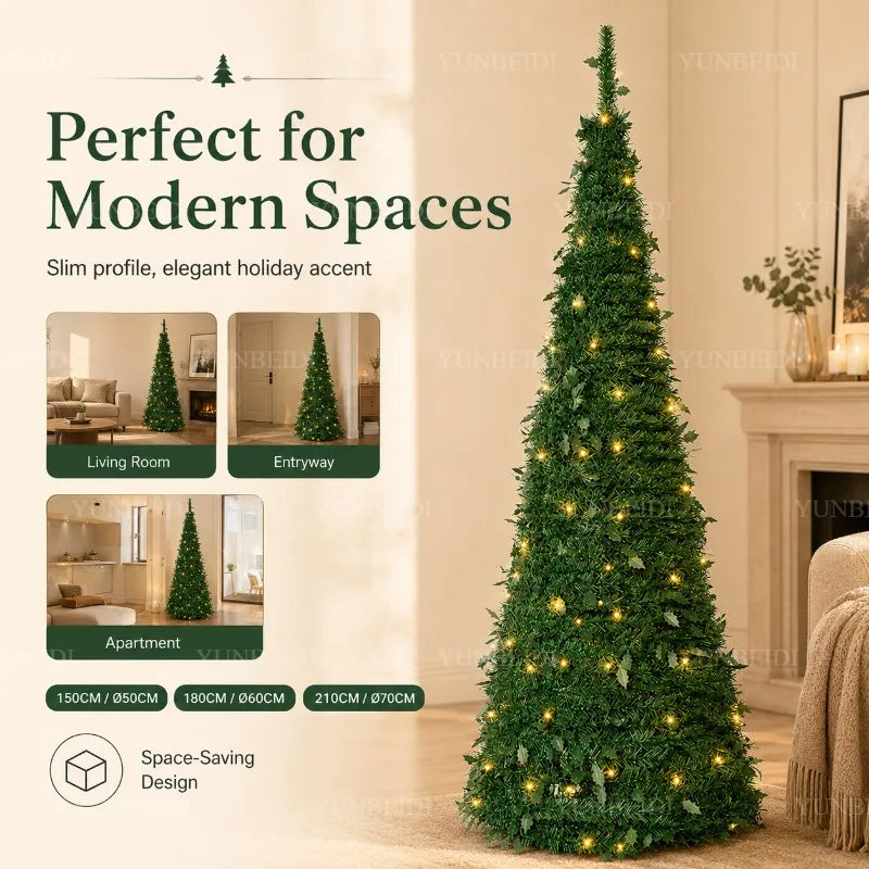 Árvores de Natal Artificiais com Luzes LED Decorativas, Tudo em Um, com Alturas de 1,5m a 2,1m, Decoração de Natal para Casa