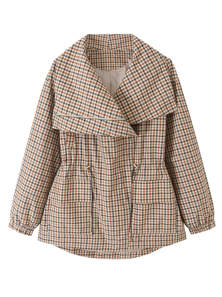 Women's Casual Plaid Short Trench Coat, Lapel, Double-Breasted, Belted Waist, Loose Long Sleeve Checkered Jacket, Autumn Windbreaker