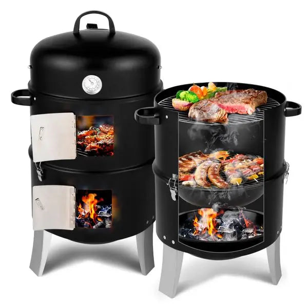 Heavy-Duty Double Layer Round BBQ Grill Black Vertical Steel Charcoal Smoker for Outdoor Cooking