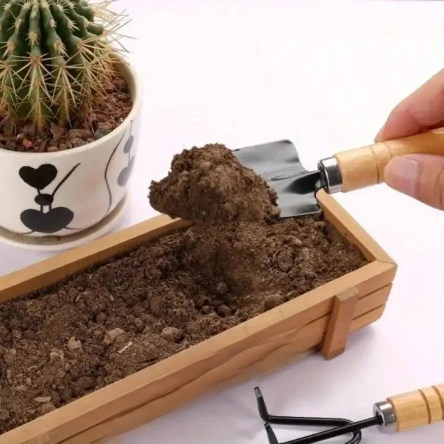 Conjunto de Ferramentas de Jardinagem Mini Portátil 3 Peças/1 Conjunto com Cabos, Pá e Rastelo para Jardinagem Interna e Plantio de Flores