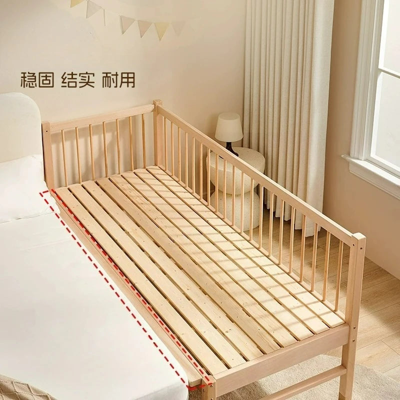 Cama de emenda infantil de madeira maciça personalizável, artefato de emenda largo, bebê plano pode levantar cama de cabeceira