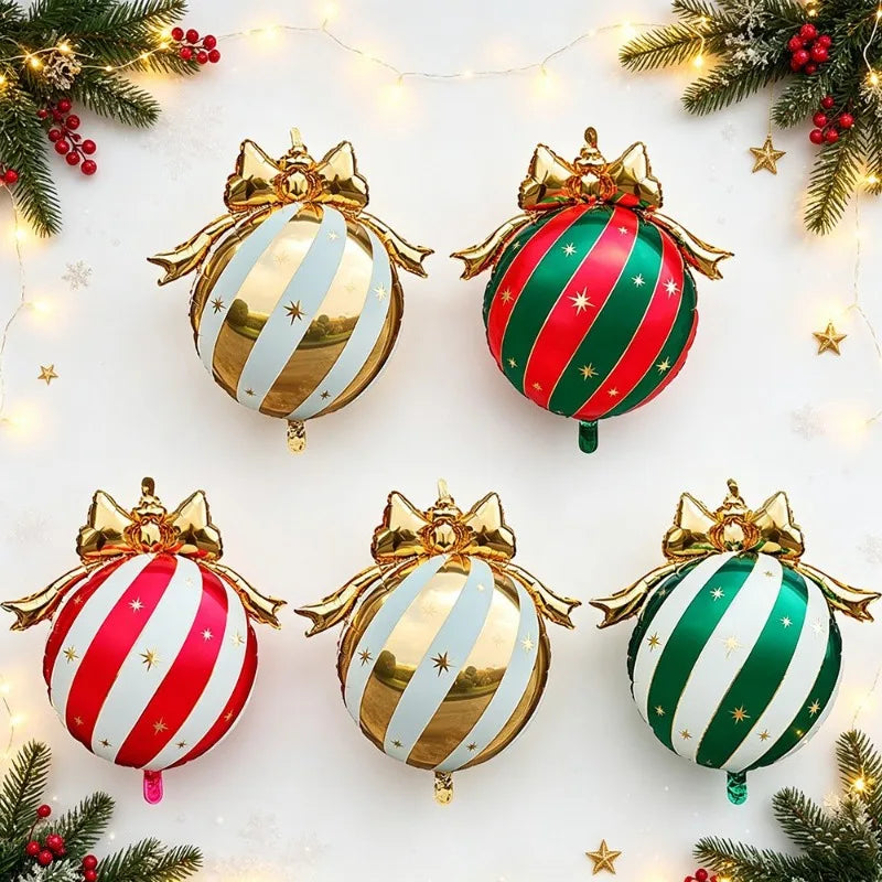 Balão Metalizado de Natal em Forma de Bola, Balões Estrela Listrados, Laço Dourado, Decoração para Pendurar na Árvore de Natal, Balões de Feliz Natal