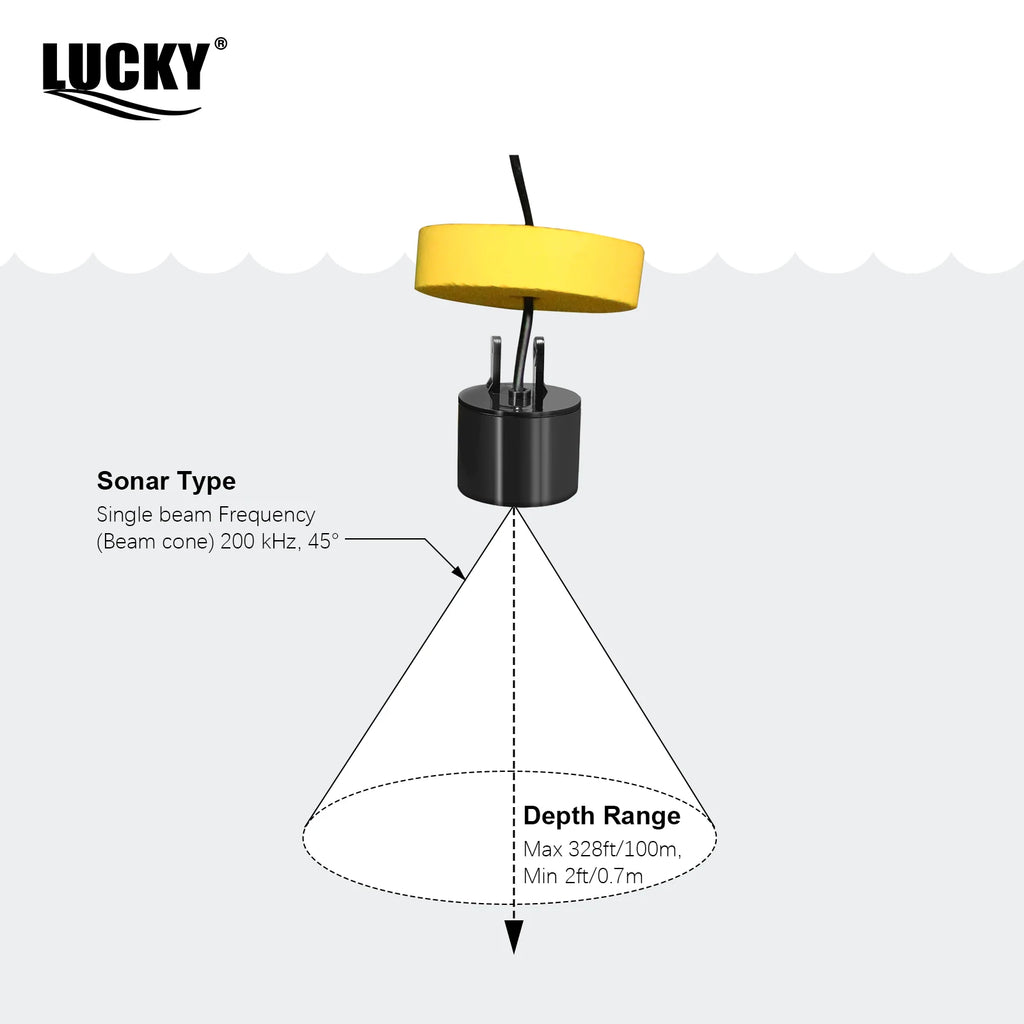 FFC1108-1 Alarme Sonar Portátil 100M para Pesca, Localizador de Peixes com Cobertura de 45 Graus, Sonda de Eco com Alarme e Transdutor para Pesca em Lagos e Mares