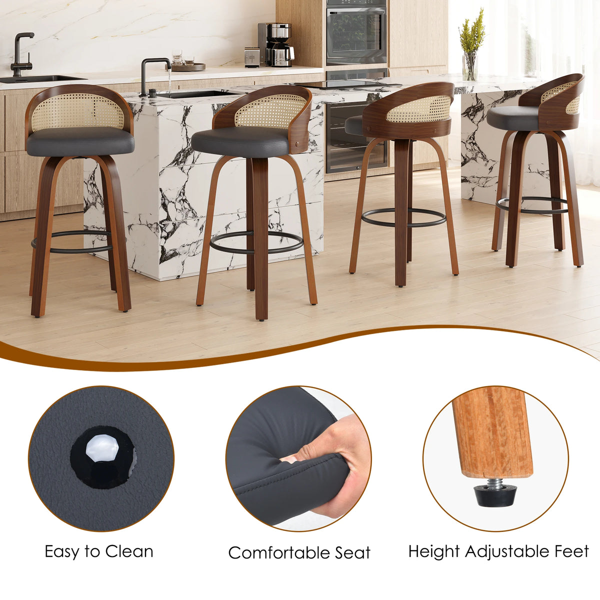 Conjunto de 2 Banquetas Giratórias, Estrutura Moderna em Madeira com Encosto de Rattan, Assento em Couro PU para Balcão de Cozinha, Mesa de Bar
