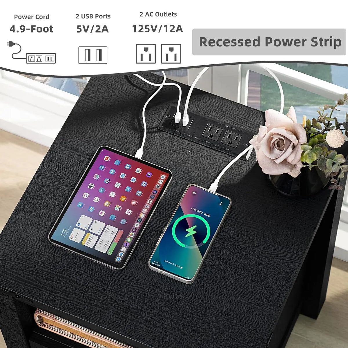 Mesa de cabeceira com estação de carregamento e porta USB, 2 gavetas e prateleira para armazenamento, móveis de quarto em estilo rústico, personalizável.