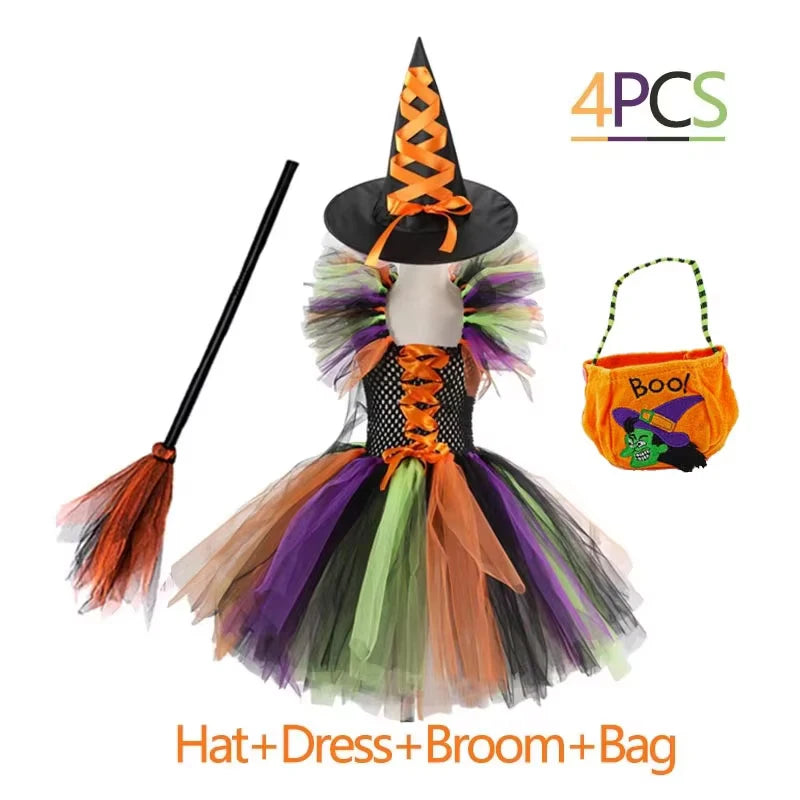 Fantasia de Bruxa para Meninas, Vestido de Tule em 3 Cores com Chapéu Pontudo, Fantasia de Carnaval para Crianças