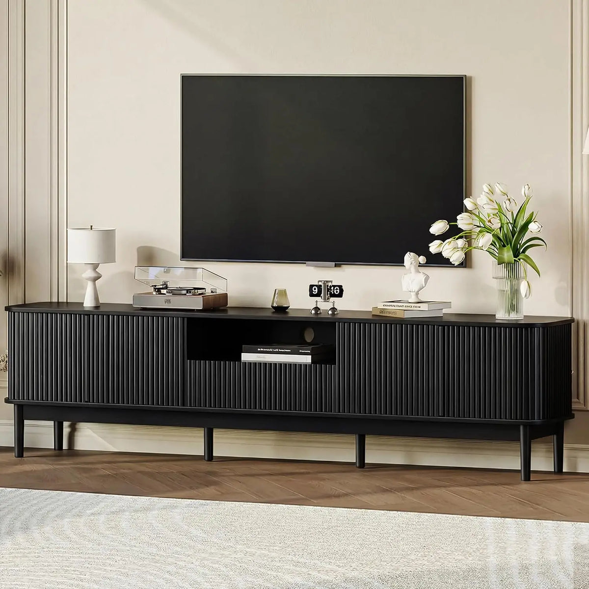 Suporte de TV com design canelado de 86,6'' para TVs de 75/80/85 polegadas, console de TV em nogueira, sob medida Kasa & Pet
