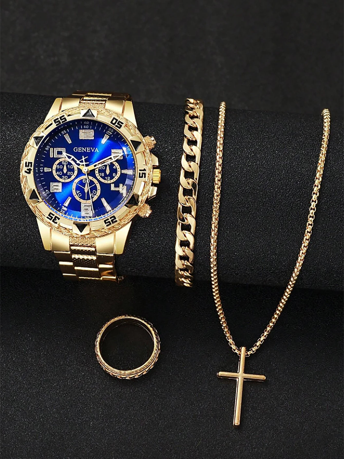 Gold alloy men's business steel bracelet quartz watch and chain bracelet necklace ring set - a birthday gift for him