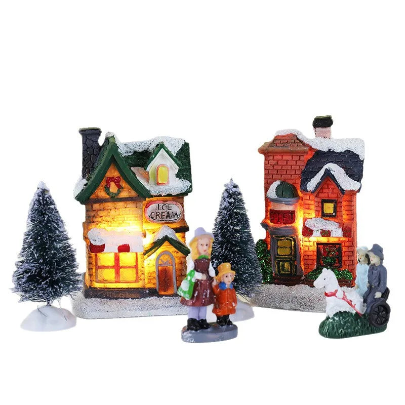 Enfeite de casa em miniatura de resina para o Natal, decoração de mesa com tema de aldeia natalina, casa em miniatura, cena em miniatura, decoração para festas de fim de ano.