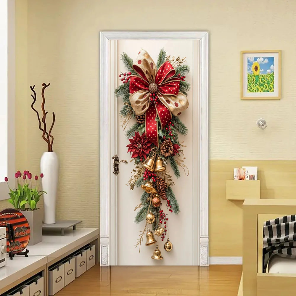 1 decoração de parede de Natal - decoração suspensa com sinos vermelhos e folhas verdes - decoração de sala de férias, design de férias